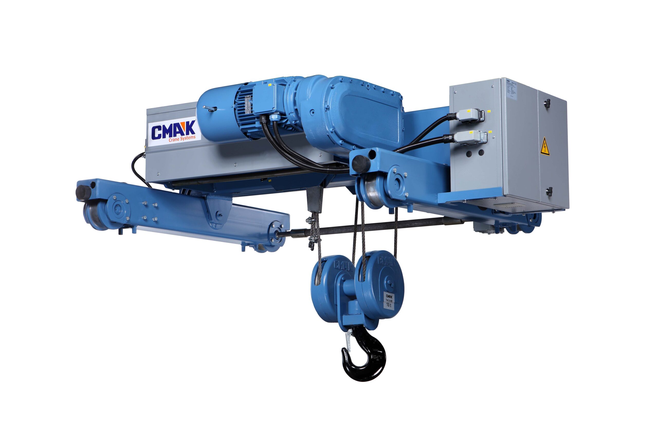 Side angle view of a double-girder industrial crane trolley built with CMX wire rope hoists and an integrated electrical control panel box.