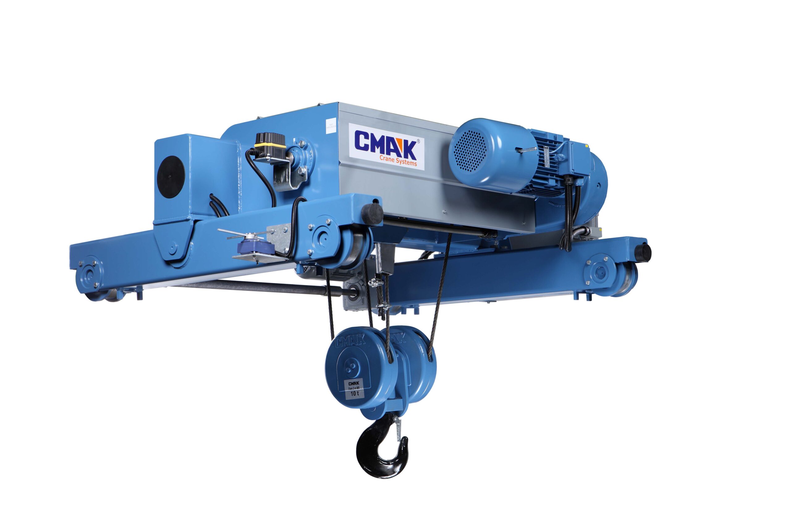 Front view of a CMAK double girder configuration showcasing the compact integration of CMX wire rope hoists.