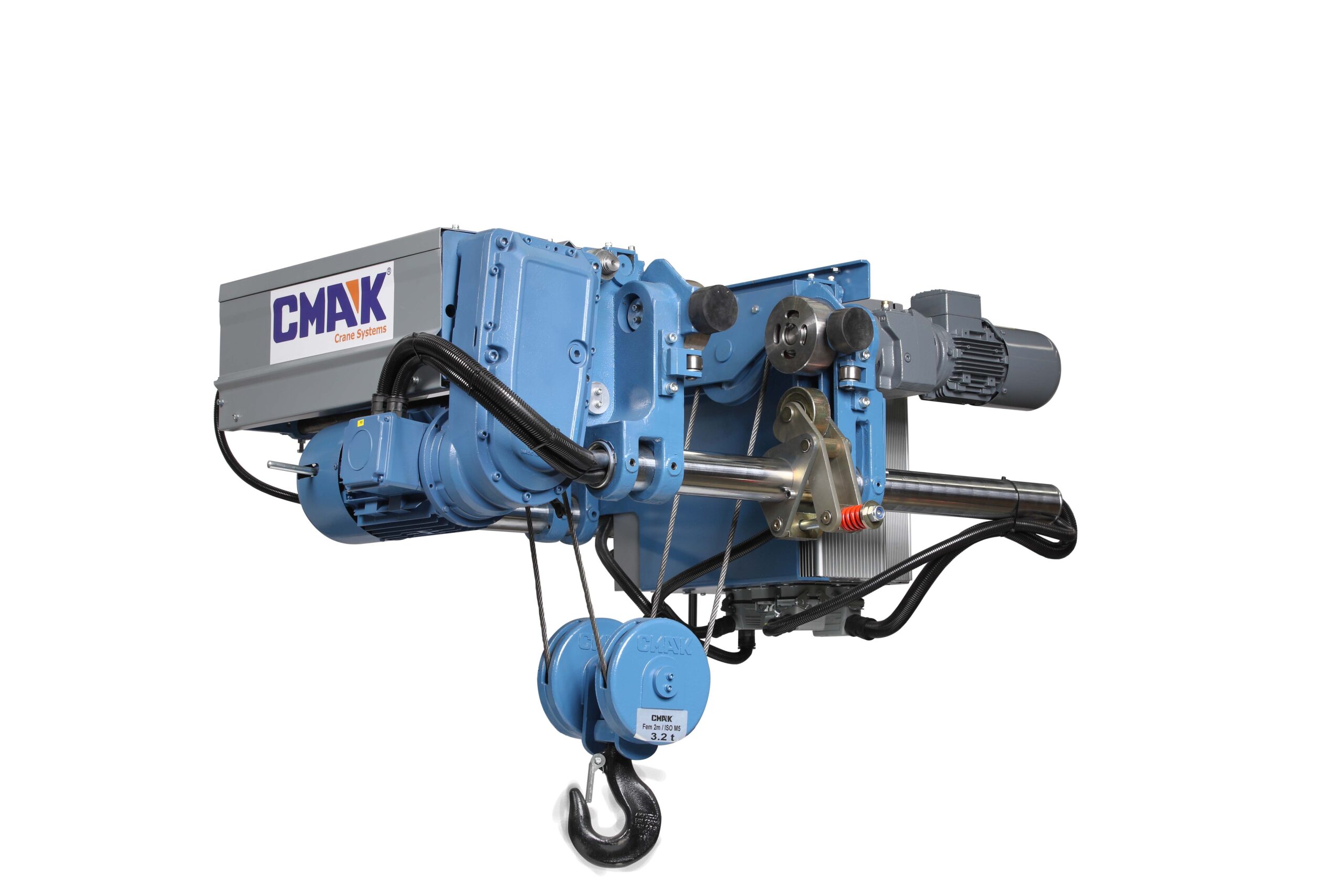Drum and motor side view of a CMAK single-girder monorail hoist unit featuring high-performance CMX wire rope hoists.