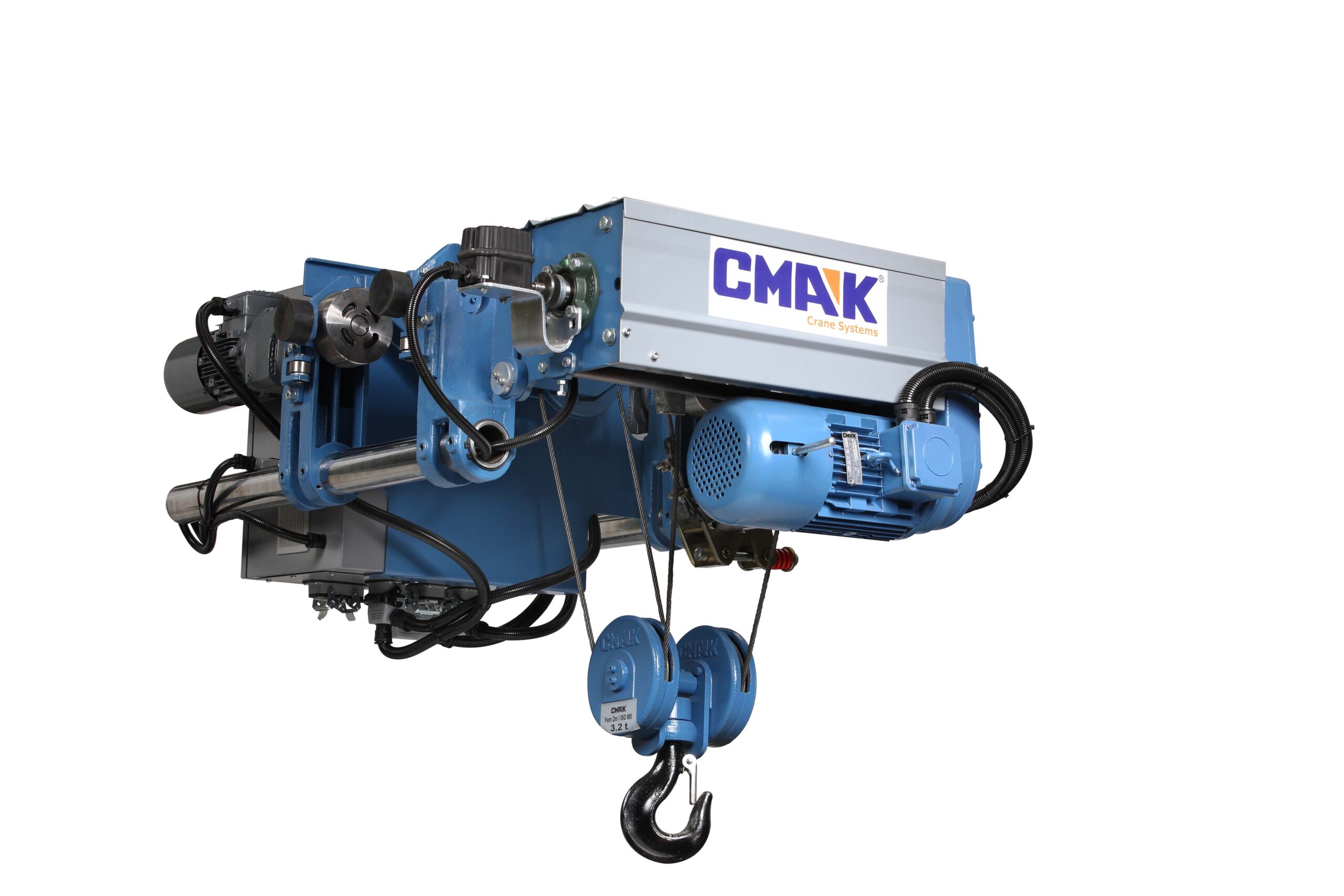 Front view of a CMAK low-headroom monorail trolley configuration showcasing the compact integration of CMX wire rope hoists.