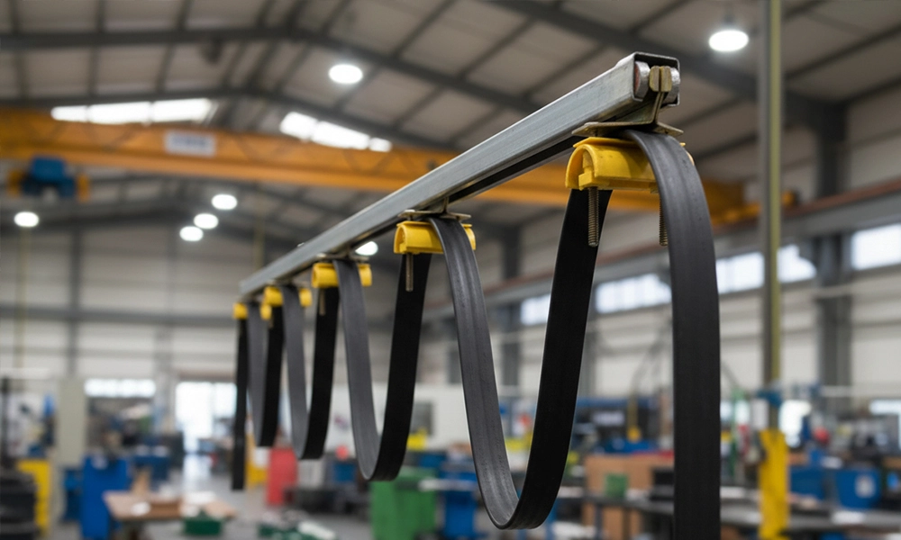 Close-up view of a C-track cable festoon system with flat power cables and yellow trolleys used for supplying power to overhead cranes.