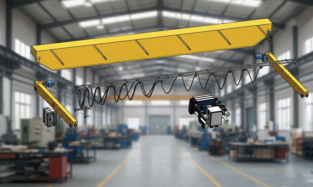 An exploded 3D technical diagram illustrating how cable festoon systems integrate with an overhead crane girder, wire rope hoist, and end trucks inside a workshop.