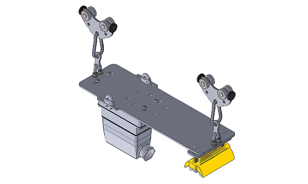 A 3D CAD model drawing of a leading towing trolley assembly used in cable festoon systems, showing the dual carrier rollers, connection chains, and an electrical junction box setup.