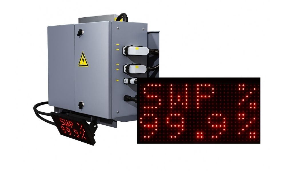 Industrial electric control enclosure featuring the HoistSense Crane Monitoring system with a close-up on the red LED display panel reading SWP 99.9% for safe working period calculation.