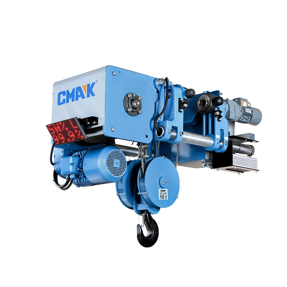 A blue and gray NXS series single-girder electric wire rope hoist by CMAK Crane Systems, featuring a 10-ton capacity hook block, low headroom trolley configuration, and an integrated digital LED load monitoring screen.