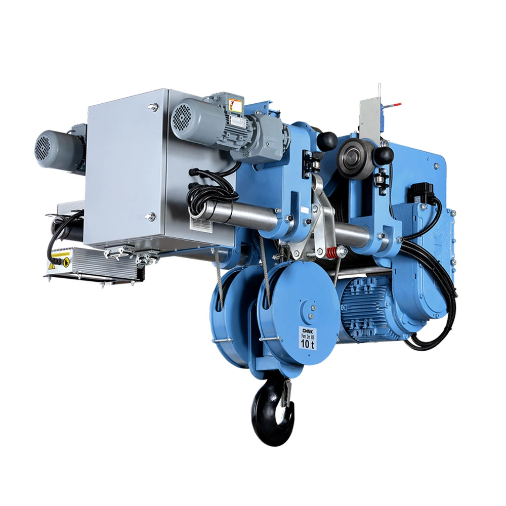 Rear profile view of a blue 10-ton NXS series electric wire rope hoist, highlighting the grey control panel enclosure, traveling motors, counterweight roller, and robust hoist gearbox setup.
