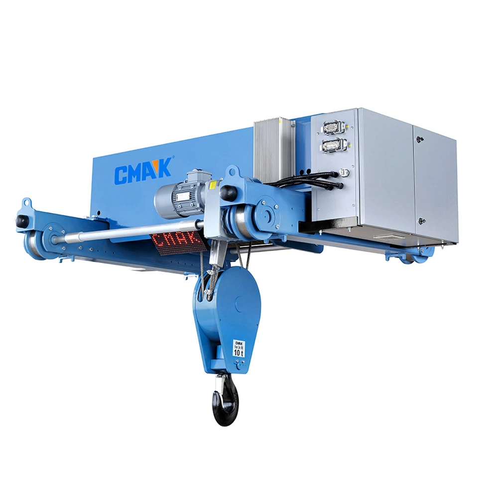 A CMAK double-girder electric wire rope hoist crab unit featuring a 10-ton capacity hook block, double-rail trolley wheels, an overhead control panel box, and a built-in digital LED load display.